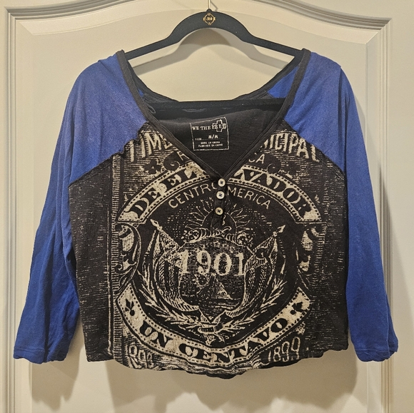 We The Free Long Sleeve Raglan Sleeve Crop Top Blue Black Womens Medium - Picture 2 of 12